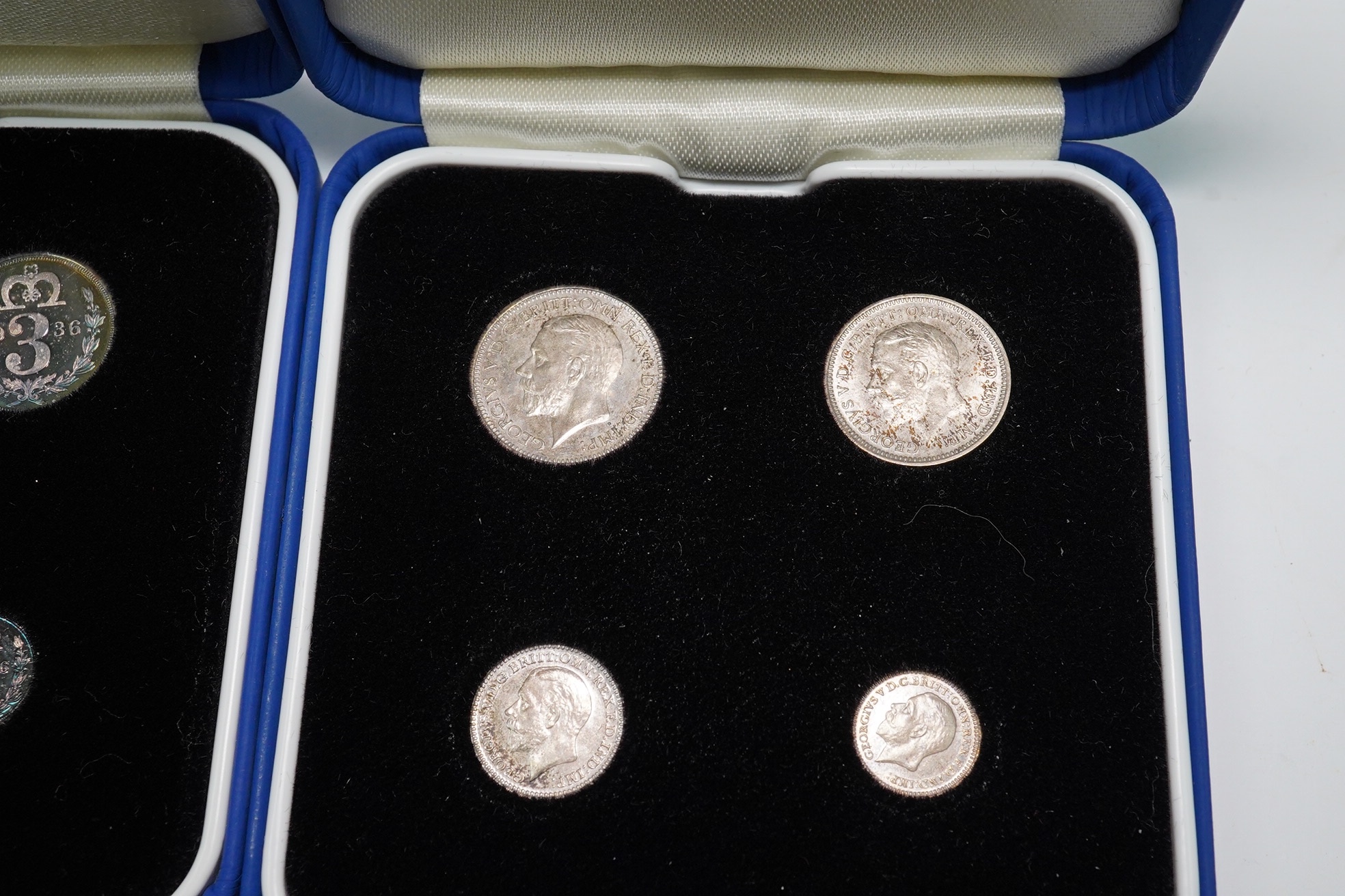 British silver coins, George V maundy set, 1931, 1d - 4d, UNC with much original lustre and Edward VIII fantasy Maundy set dated 1936, both in later cases